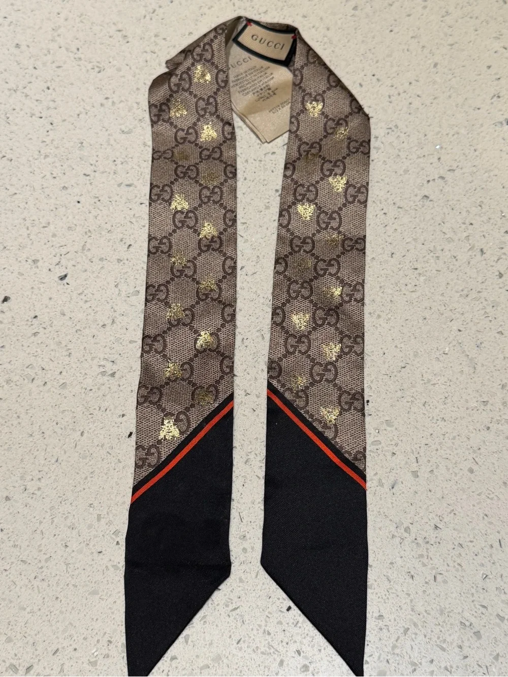 Gucci Brown GG Monogram Silk Twilly with Gold Motif and Black Tips
